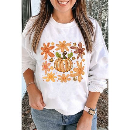 White Flower Pumpkin Printed Cotton Blend Sweatshirt
