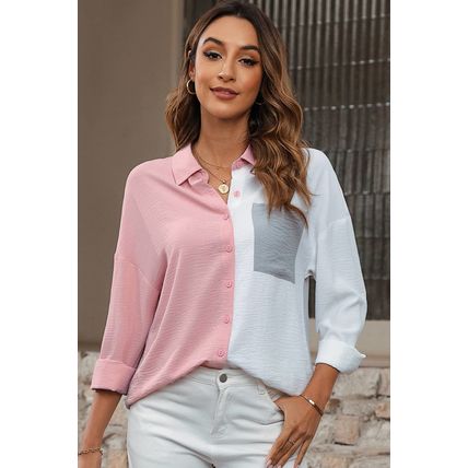 Dusty Pink Color Block/Pure Color Patch Pocket Shirt