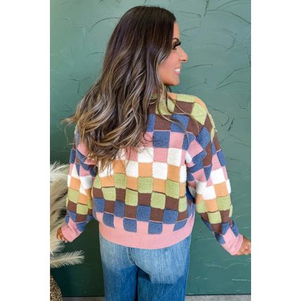 Multicolour Plush Checkered Pattern Button Front Cardigan Sweater