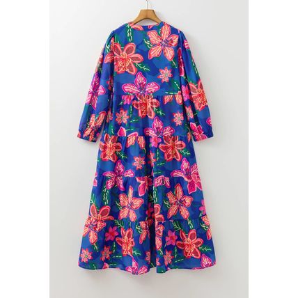 Blue Floral Print 3/4 Sleeve V Neck Tiered Long Dress