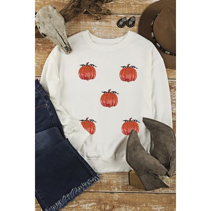 White Sequin Pumpkin Patched Drop Shoulder Sweatshirt