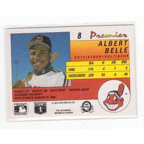 1991 O-pee-chee Premier Albert Belle baseball card #8- 2nd Year –Oddball