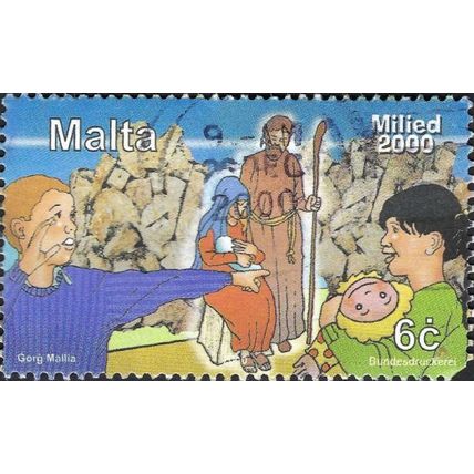 MALTA, CHRISTMAS, boys with Holy Family, blue 2000, 6c
