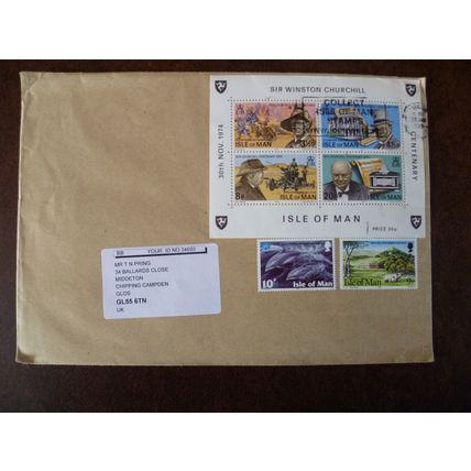 Isle Of Man 2000 cover used stamps Churchill Miniature Sheet Dolphins Sheep
