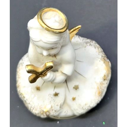 Vintage 3 3/4" Ceramic Figurine Angel Cherub Holding Cross Japan (J11)