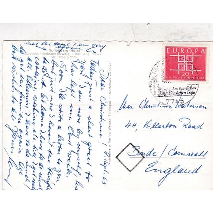 Schonbach Schlossberg Hotel Germany Postcard posted 1965 pinhole and crease