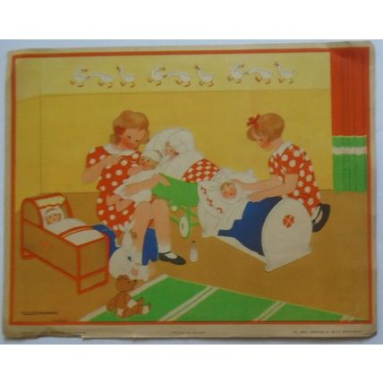 Two young girls with sick dollies, by Willy Schermele