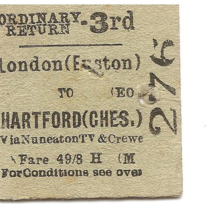 B.R. Edmondson Ticket - London Euston to Hartford (Cheshire) via Nuneaton TV