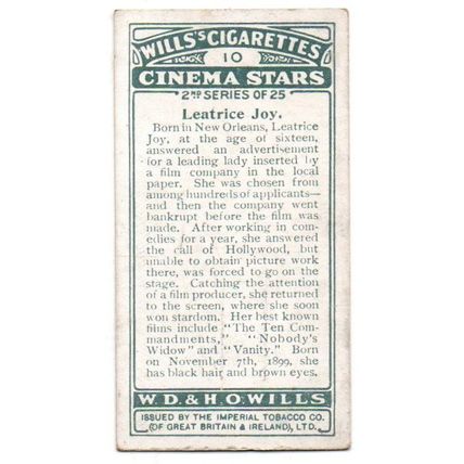 WILLS CIGARETTE CARD CINEMA STARS 2nd. SERIES 1928 No.10 LEATRICE JOY
