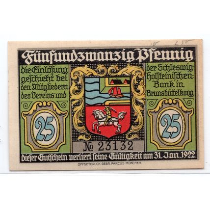 1922 Germany Brunsbuttelkoog Notgeld 25 Pfennig Note (1336)