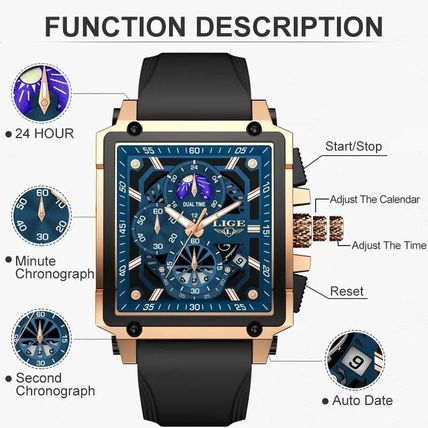 Gents Large Luxury Blue Square Chronograph Date Black Silicone Strap Watch Boxed
