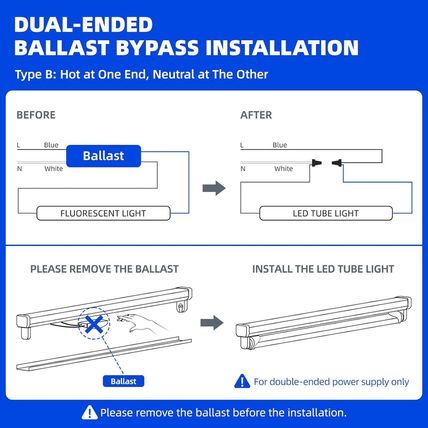 Barrina T8 LED Bulbs 4 Foot, Type B, 24W, 3200LM, 6000K Bright Light, Ballast By