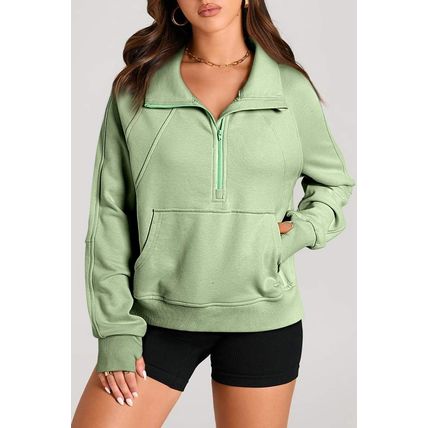 Smoke Green Quarter Zip Stand Neck Kangaroo Pocket Sweatshirt