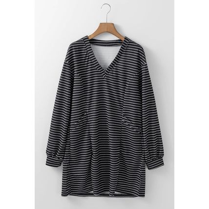 Black Striped V Neck Long Puff Sleeve Shift Dress