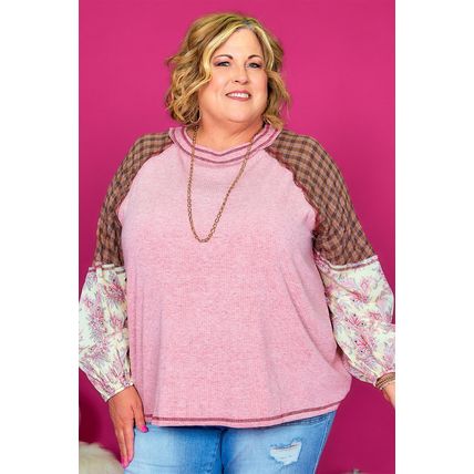 Pink Checkered Paisley Patchwork Raglan Sleeve Seamed Plus Size Top