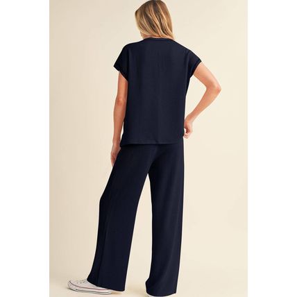 Navy Blue Solid Color Corded Short Sleeve Top and Casual Pants Set