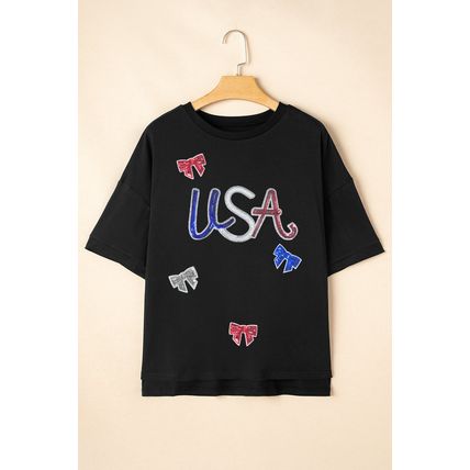 Black Sequin USA Bow Graphic Independence Day T Shirt