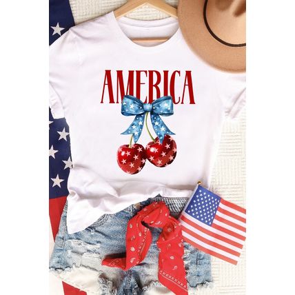 White AMERICA Bow Cherry Print Crewneck T Shirt