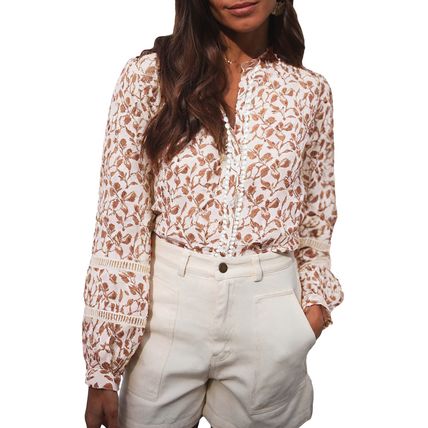Yellow Printed Lace Detail Floral Puff Sleeve Fall Shirt