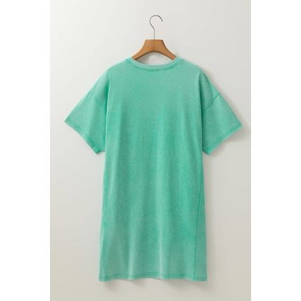 Mint Green Mineral Wash Flower Patchwork Mini T Shirt Dress