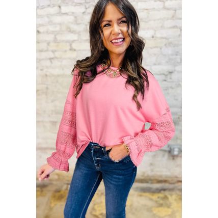 Sachet Pink Drop Shoulder Lace Ruffled Sleeve Patchwork Loose Sweatshirt