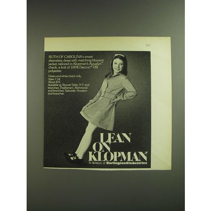 1974 Burlington Industries Klopman Ruth of Carolina Dress Advertisement