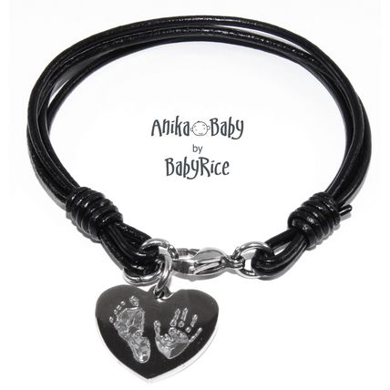 Personalised Hand Footprint Stainless Steel Heart Pendant Black Leather Bracelet