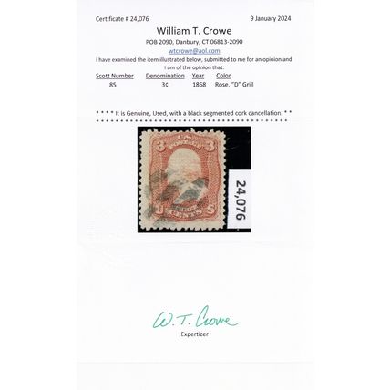 85, Used 3¢ - Nice Clean Sound Scarce Stamp With Cert - SCV $1050 - Stuart Katz