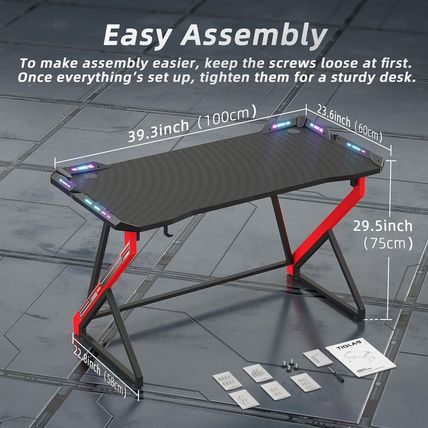 TIQLAB Gaming Desk with LED Lights, 40 Inch Computer Desk Z Shaped Gamer Worksta
