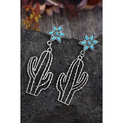 Silvery Western Turquoise Flower Cactus Dangle Earrings