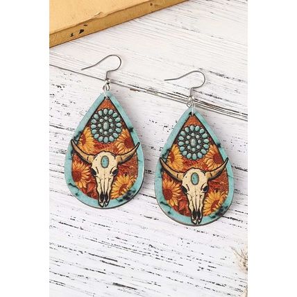 Chestnut Western Steer Head Print Wooden Drop Earrings