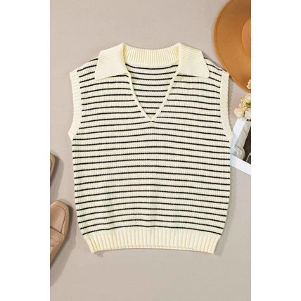 Beige Stripe Turn-down V Neck Sweater Tank Top