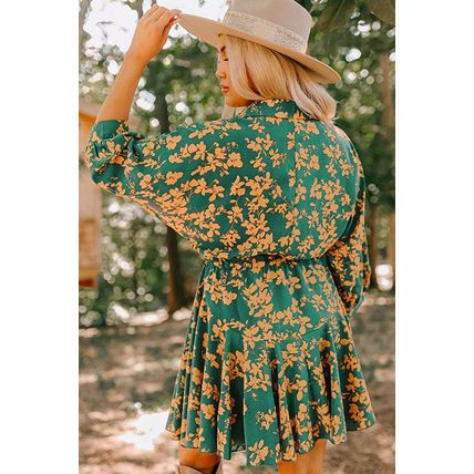 Green Floral Print Drawstring Tunic Flowy Short Dress