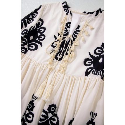 Beige Western Pattern Print Tasseled Notch V Neck Mini Dress
