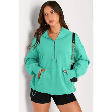 Aruba Blue Solid Kangaroo Pocket Half Zipper Oversized Hoodie