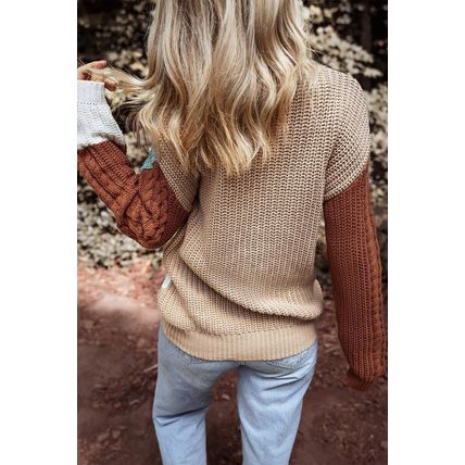 Khaki Mix Textured Knit Colorblock Patchwork Sweater