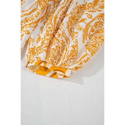 Orange Bohemian Print Puff Sleeve Tied V Neck Flared Mini Dress