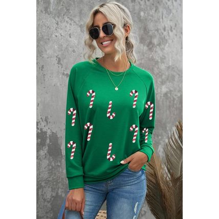 Green Sequin Christmas Candy Cane Graphic Crewneck Pullover Sweatshirt