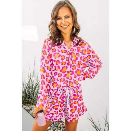 Pink Leopard Print Long Sleeve Shirt and Shorts Pajama Set