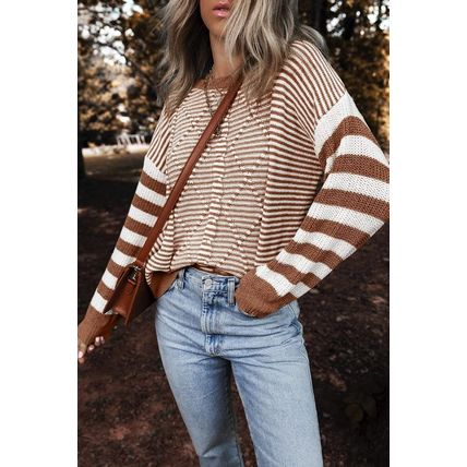 Brown Stripe Geometric Textured Drop Shoulder Sweater