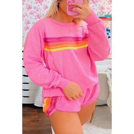 Bonbon Striped Accent Pullover and Shorts Two Piece Casual Set