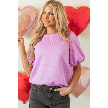 Phalaenopsis Solid Textured O Neck Puff Sleeve Blouse