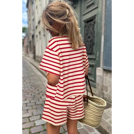 Red Stripe Lace-up Front Top and High Waist Shorts Set