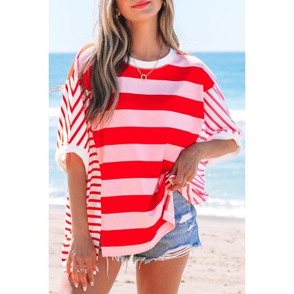 Pink Stripe Patchwork Round Neck Side Split Loose T Shirt