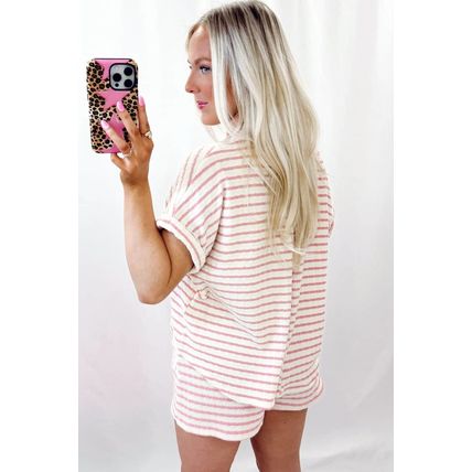 Pink Stripe Knitted Short Sleeve Top and Drawstring Shorts Set
