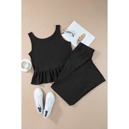 Black Solid Color Ribbed Ruffle Tank Top and Pants Set