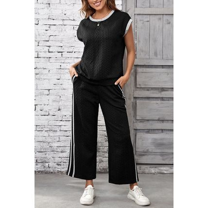 Black Cable Knit Contrast Trim Short Sleeve Top and Pants Set