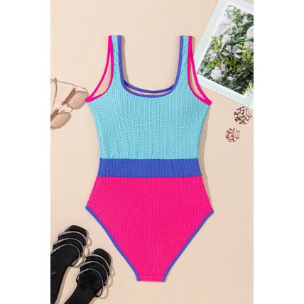 Rose Red Textured Color Block Patchwork One Piece Swimsuit