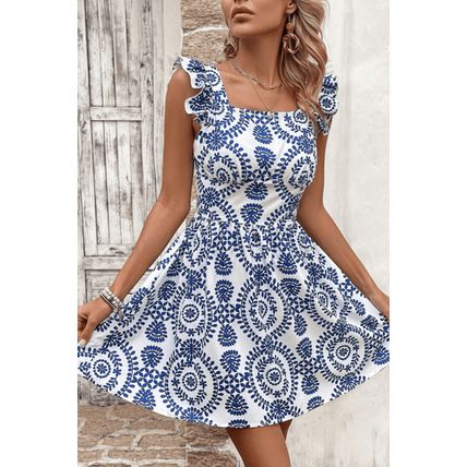 Blue Floral Print Ruffled Tied Backless A-line Mini Dress