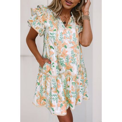 Orange Floral Contrast Edge Layered Short Sleeve Mini Dress